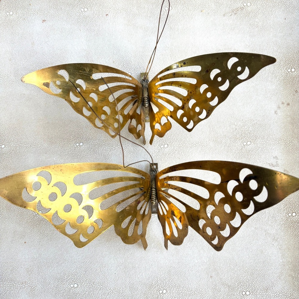 Vintage Brass Butterfly Wall Hanging Set MCM Filigree Metal Art 2 Piece Gold